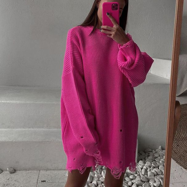 Women's Loose Fit Solid Color Round Neck Pullover Sweater Mid-Length Knitted Top For Autumn Winter_ecoleips.com
