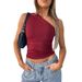Y23TP703 European And American Women's Clothing, New Winter Solid Color One-shoulder Backless Ruched Tank Top_ecoleips.com