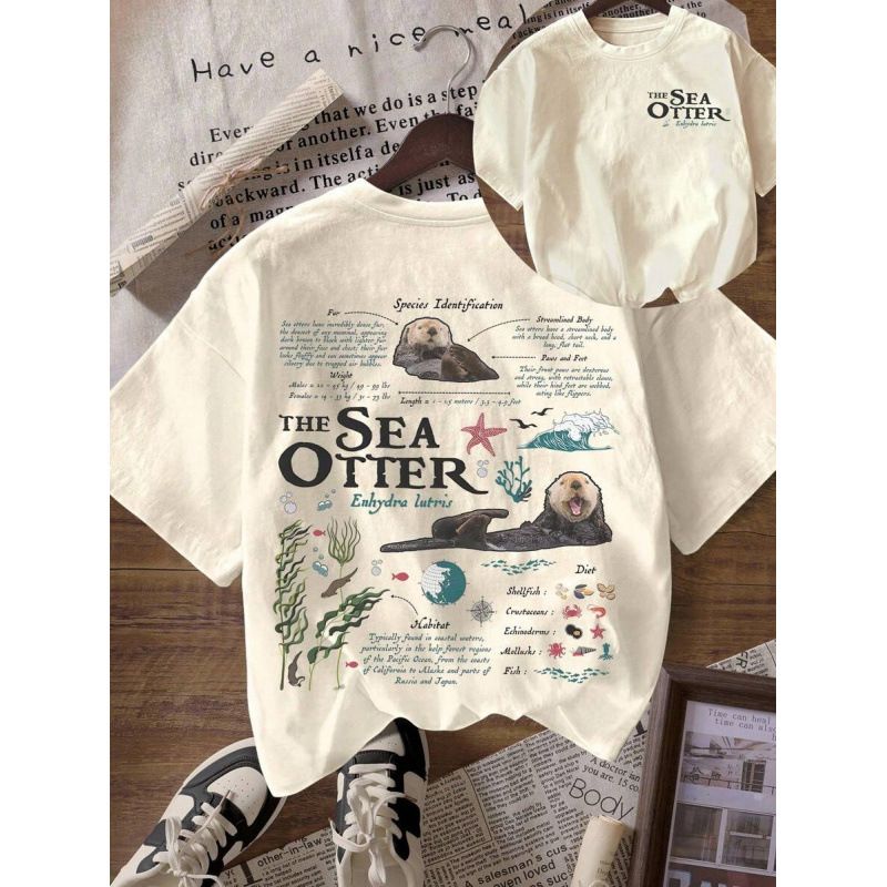 Women's European Size Vintage Sea Otter Biology T-Shirt 100% Cotton Casual round Neck Top_ecoleips.com