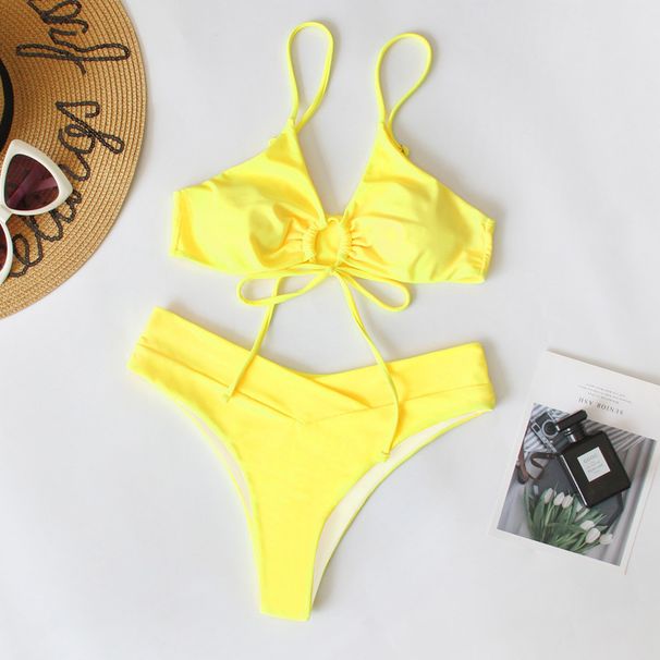 Women's Clothing New Solid Color Lace Bow Split Swimsuit Female Bikini_ecoleips.com