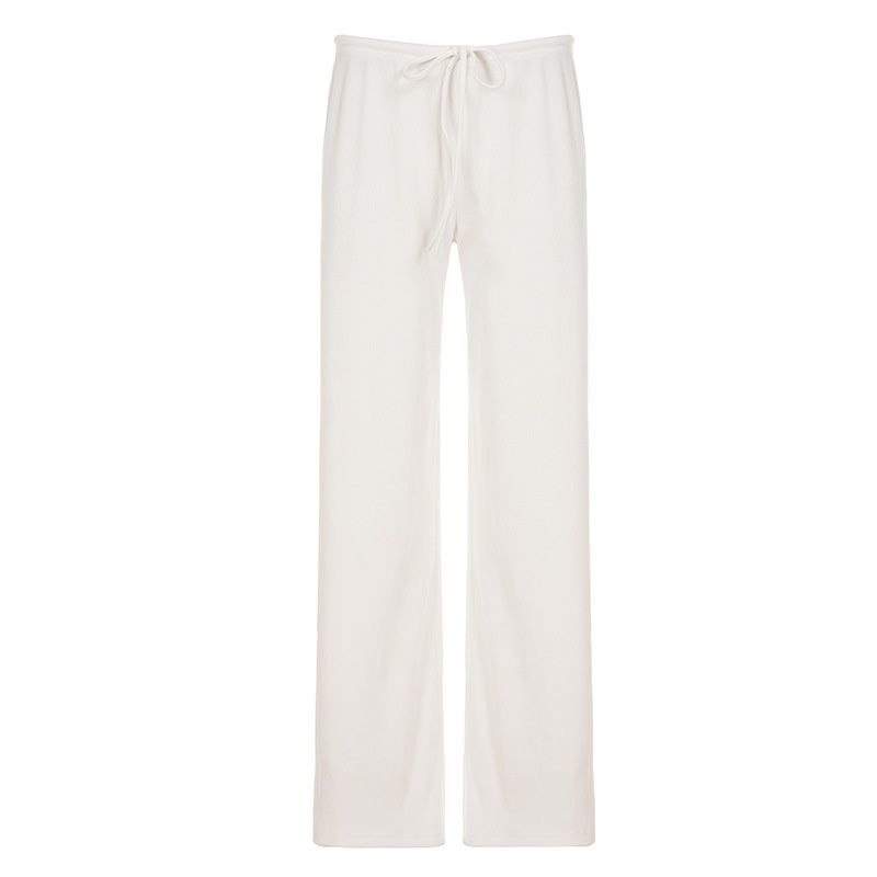 Autumn Foreign Trade Women's Basic Solid Color Ribbed Low Waist Tie Casual Draped Loose Lazy Style Hot Girl Long Pants_ecoleips.com
