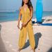 Women's Clothing deep V halterneck sleeveless pleated pocket back tie wide leg cuff long jumpsuit_ecoleips.com