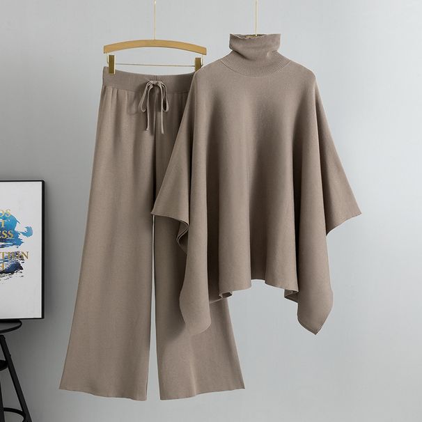 Women's Clothing Autumn And Winter New Two Piece Suit For Women With High Collar Cape, Knitted Sweater, Wide Leg Pants, Temperament Suit_ecoleips.com