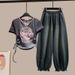 Fashion Plus Size Vintage Cropped Lettered V Neck Short Sleeved Top With Side Drawstring Ruffled American Style Suit_ecoleips.com