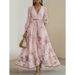 Elegant Floral Print Pleated Maxi Dress – V-Neck Long Sleeve A-Line Dress For Women (S-XXXL, White/Blue/Pink/Yellow)_ecoleips.com