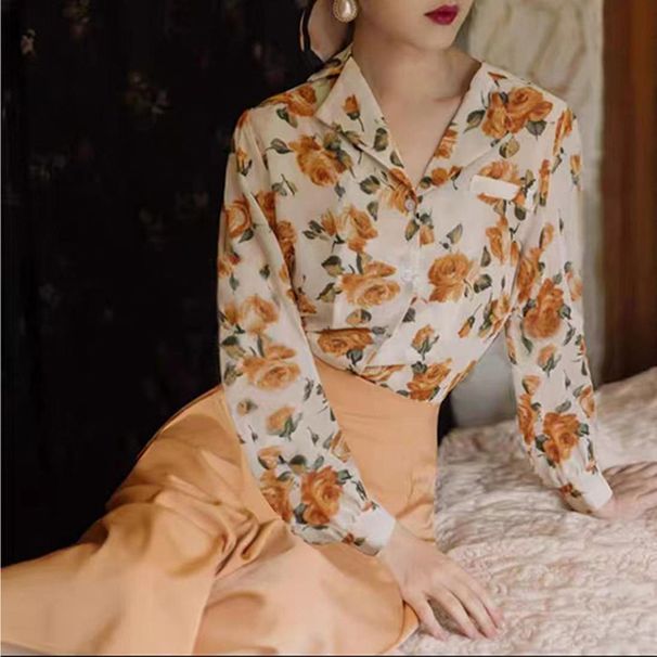 Autumn Hong Kong Style Women's Summer Flower Color Shirt Retro Temperament Slim Light Mature High-End Floral Top Wholesa_ecoleips.com