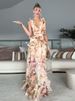 Printed Ruffles Backless Long Dress Women V-neck Sleeveless Pleated Multi-layer Split Irregular Holiday Dresses Summer Chic Robe_ecoleips.com