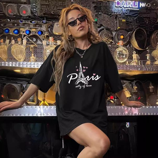Women's Casual Loose T-Shirt round Neck Short Sleeve Eiffel Tower Print Simple Sports Top_ecoleips.com
