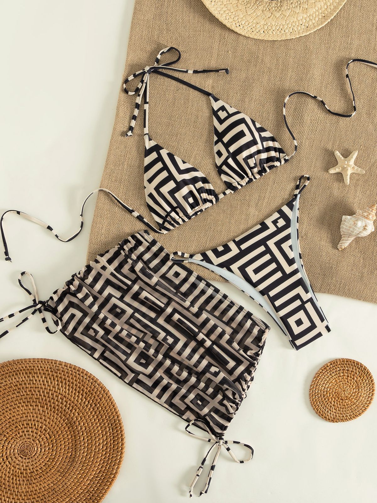 Animal Print Bikini Set With Sarong | Floral Two-Piece Swimsuit & Beach Cover-Up For Women Versatile 3-Piece Set For Multiple Looks_ecoleips.com