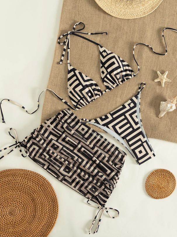 Animal Print Bikini Set With Sarong | Floral Two-Piece Swimsuit & Beach Cover-Up For Women Versatile 3-Piece Set For Multiple Looks_ecoleips.com