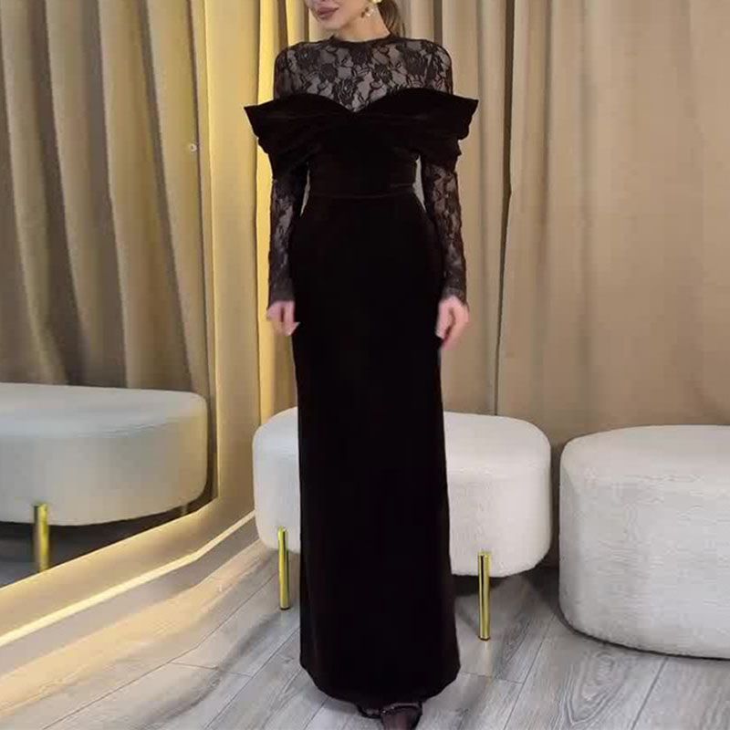 Casual Solid Color Velvet High Waist Guest Dress Fashion O-neck Solid Color Maxi Dress Retro Lace Long Sleeved Women Party Dress_ecoleips.com