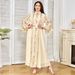 Women's Clothing Modest Evening Dress Sequin Pendant Dubai Abaya Dress – Elegant Beaded Evening Gown With Long Sleeves (Apricot/Blue/Black)_ecoleips.com