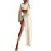High Waist Chic Slit Cropped Top Women's Casual Cotton-Linen Blend Two Piece Suit For Holiday Spring/Autumn Regular Size_ecoleips.com