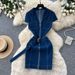 French Retro Style Women's Denim Dress High Waisted Slimming A-Line Skirt Korean Summer Lapel Zipper_ecoleips.com