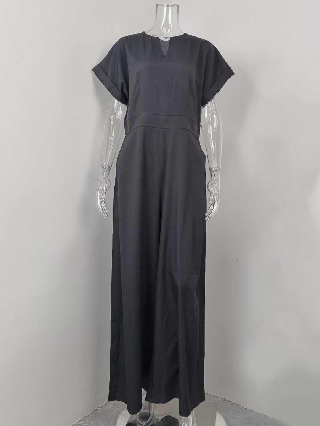 K New Women's Fashionable And Elegant V-neck Solid Color Slim Fit Wide Leg Jumpsuit_ecoleips.com