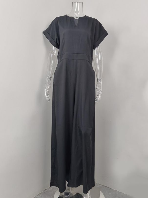 K New Women's Fashionable And Elegant V-neck Solid Color Slim Fit Wide Leg Jumpsuit_ecoleips.com