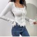 Women's Pure Alluring U Neck Brushed Lace Trim Flared Sleeve Knit Top Slim Fit Autumn Top Flattering Inner Layer_ecoleips.com