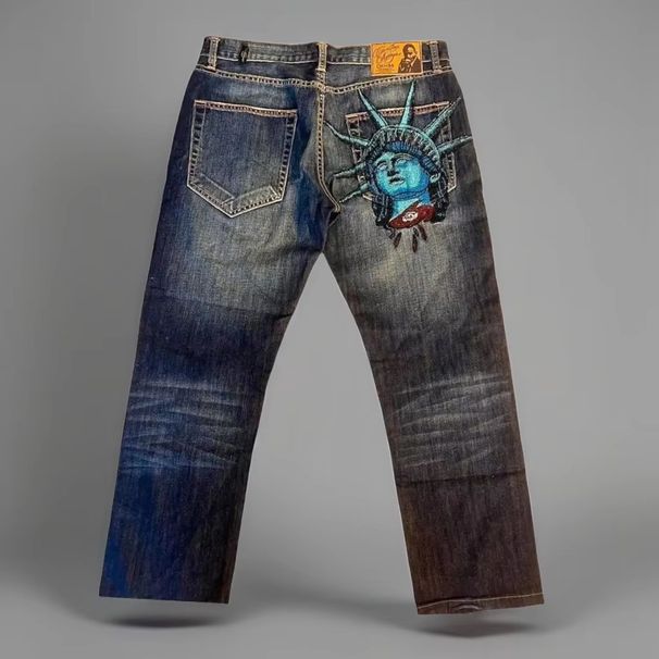 Statue Of Liberty Retro Distressed Denim Jeans Straight Leg Trendy Pants For Men And Women Casual Fashion Cotton Spring/Autumn_ecoleips.com