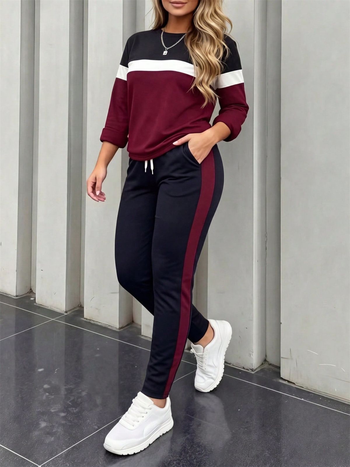 Women's Two-Piece Set Minimalist Color-Block Striped Round Neck Long-Sleeved Top With Comfortable Pocket Pants Spring/Autumn_ecoleips.com