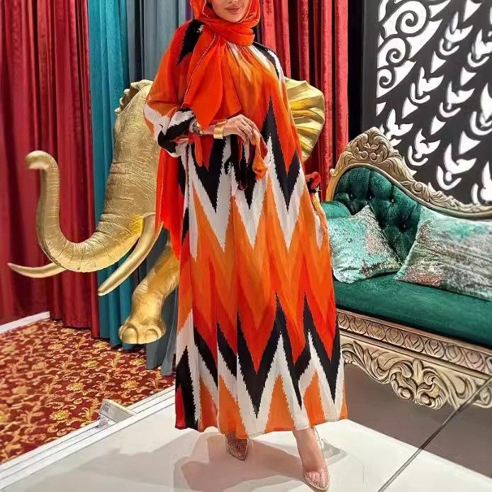 Premium Muslim Abaya Dress – Elegant Hand-Painted Chiffon Maxi Dress With Belt, Modest Long Sleeve Kaftan For Women, Breathable & Stretchy_ecoleips.com