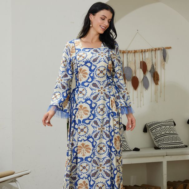 NC101 Retro Style Slimming Waist Dress With Tie Belt Design Women's Clothing Muslim Fashion Relaxed Everyday Wear Comfortable Feshion_ecoleips.com