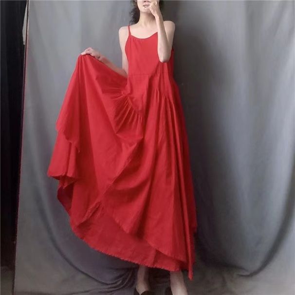 Retro Art Large Size White Dyed Halter Dress Asymmetrical Cotton Linen Vest Dress Travel Summer Commute Loose Waist Long Skirt_ecoleips.com
