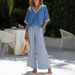 Spring Autumn V Neck Striped Women's Suit Set European American Style Casual Two Piece Wide Leg Pants_ecoleips.com