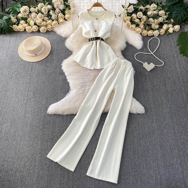 Elegant Women's Slimming Sleeveless Vest Top And High-Waisted Wide-Leg Pants Suit Set Tailored Blazer Style Office And Evening Wear_ecoleips.com