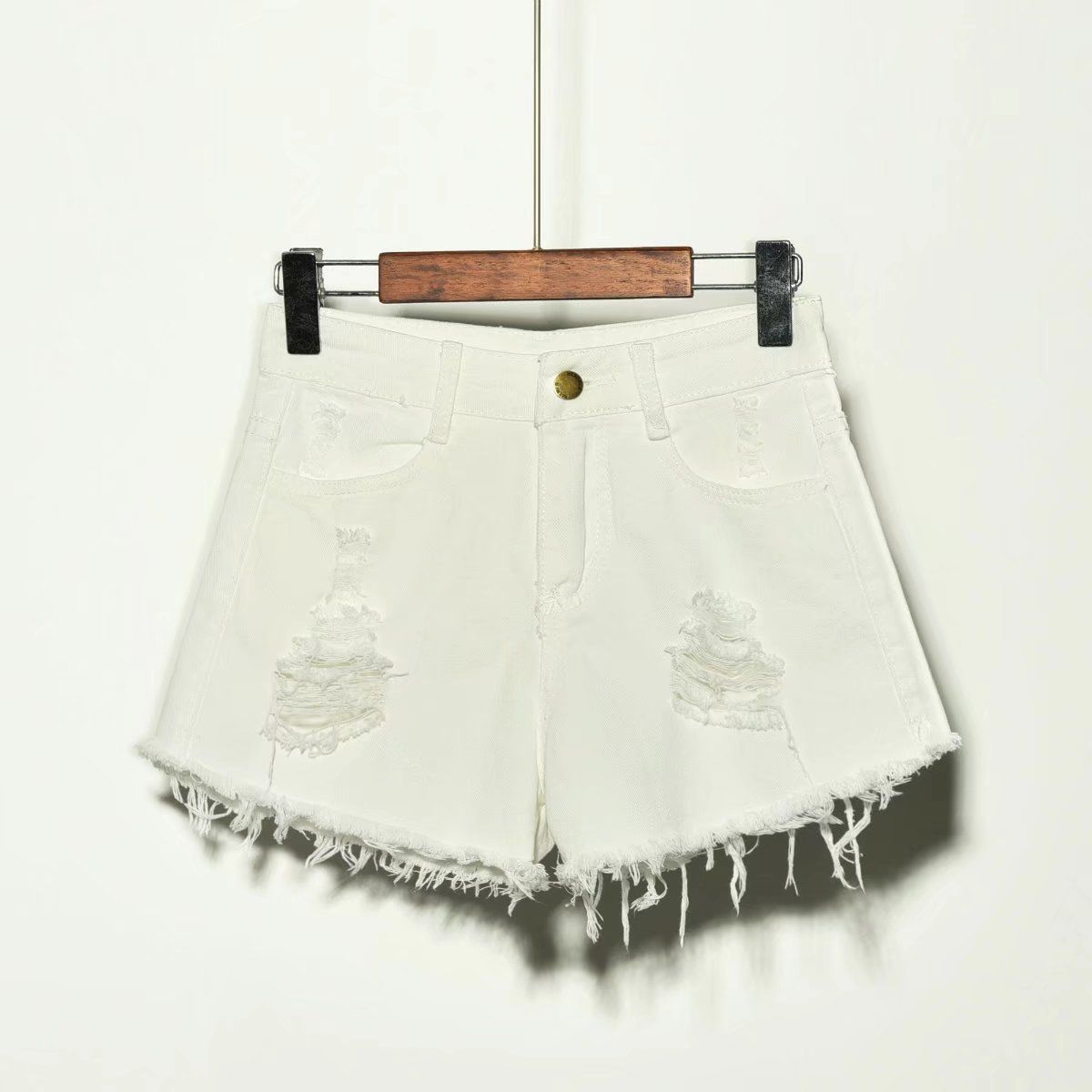 2025s Yiwo Clothing Plus 90kg Ripped Frayed Hem Distressed Large Size Denim Shorts Hot Pants Summer Women_ecoleips.com