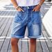 plus Size mid Rise Bermuda Shorts Women's Stretch Denim Shorts Washed Distressed Patch Pocket European American Style_ecoleips.com