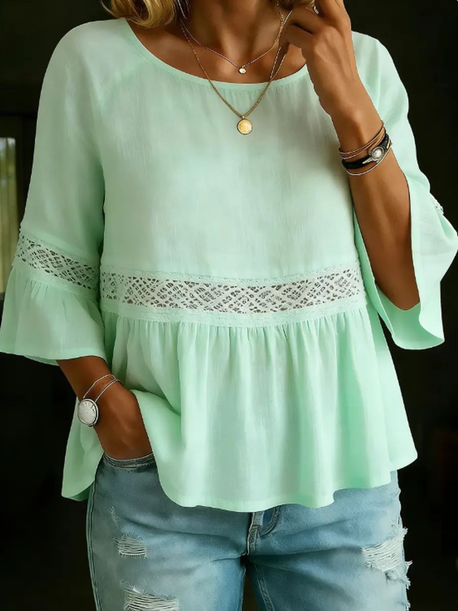 Women's Solid Color Round Neck Ruffle Sleeve Casual Top Fashionable American Style Spring Summer_ecoleips.com