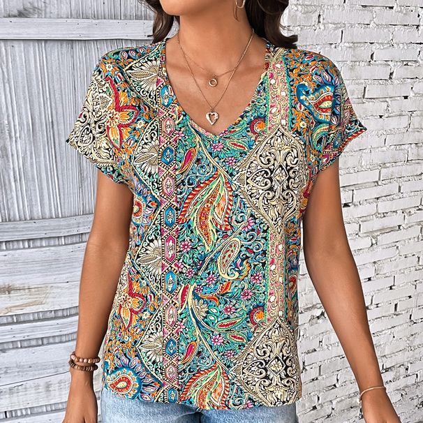 Vintage Floral Print Blouse for Women Short Sleeve Breathable Summer Top Full Coverage Pattern_ecoleips.com