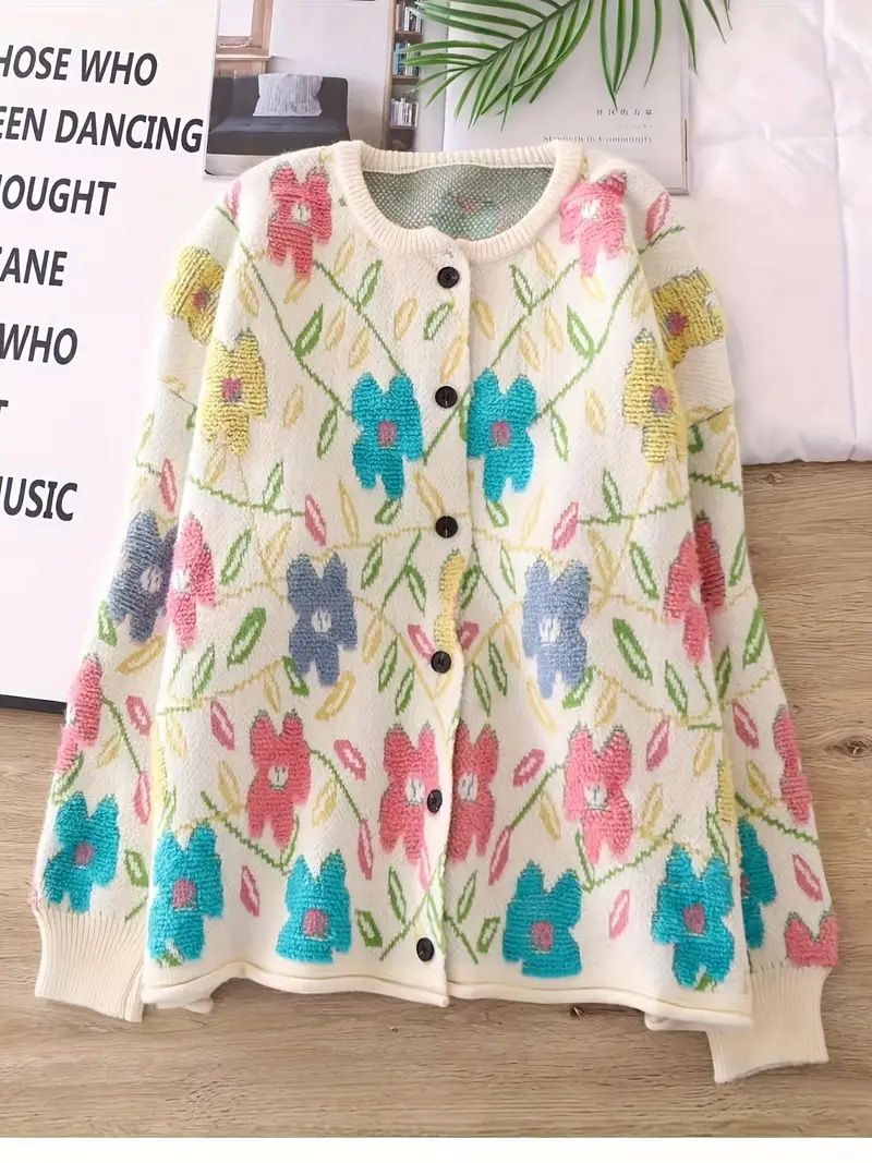 Soft & Cozy Oversized Knit Cardigan Women's Casual Long Sleeve Open Front Sweater With Floral Embroidery, Loose Fit Boho Chic Spring Fall Outerwear_ecoleips.com