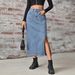 Verve Women's Summer New Washed Denim Elastic Waist Split Midi Skirt_ecoleips.com