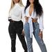 Women's Clothing Slim Fit Rhinestone Studded Pocket Ripped Frayed Hem Jeans_ecoleips.com