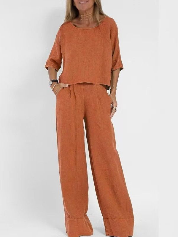 Women's Casual Loose Solid Color Cotton Linen Pants Suit Short Sleeved Summer Outfit_ecoleips.com