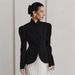 European And American Style Simple Breathable Black Puff Sleeve Waist-cinching Blazer For Women, 2025 Winter High-end_ecoleips.com