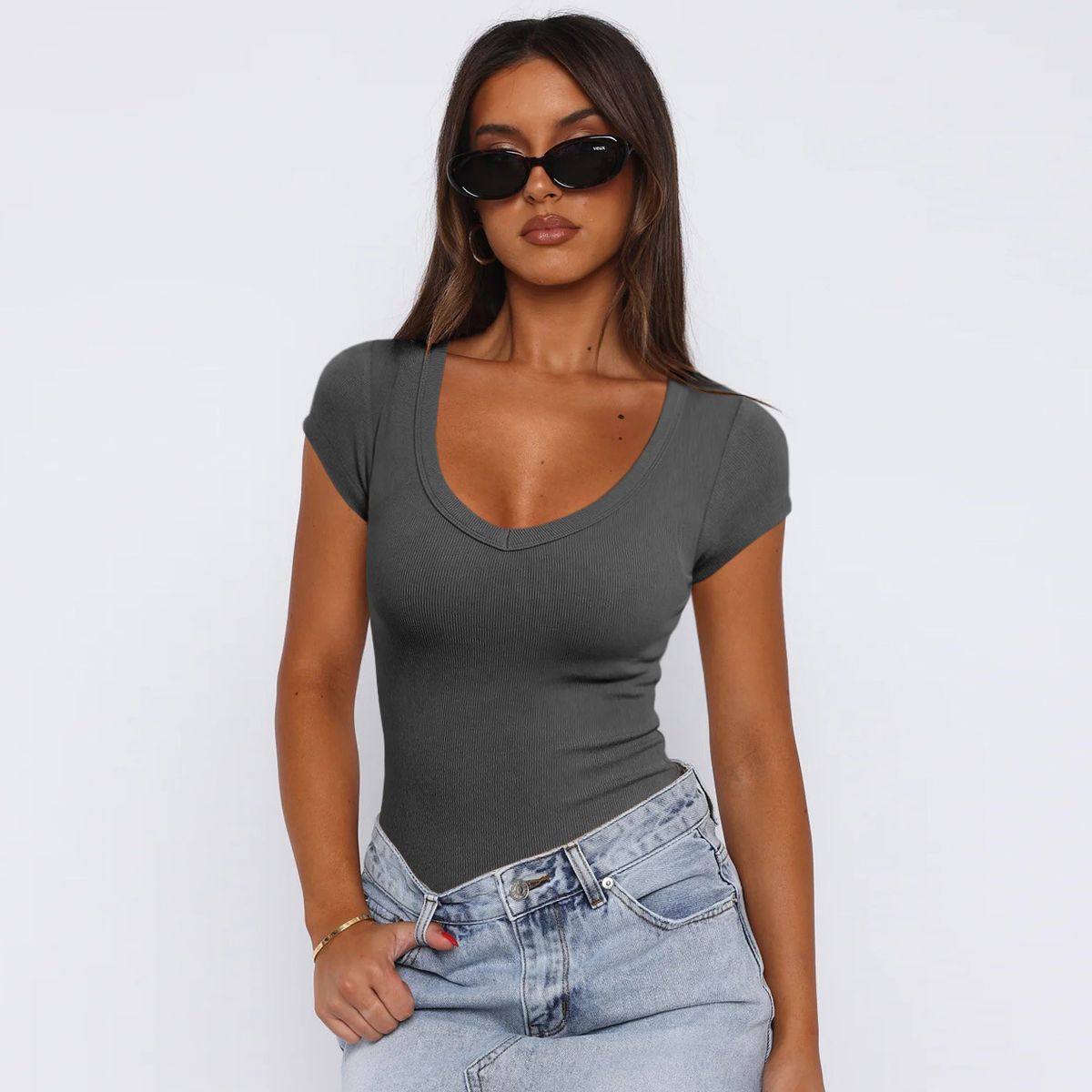 Women's Clothing Threaded Pullover Solid Color Hot Girl Outfit Versatile Sexy Fashion Short Sleeve Tops_ecoleips.com