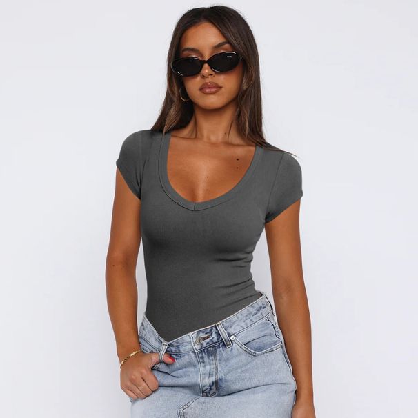 Women's Clothing Threaded Pullover Solid Color Hot Girl Outfit Versatile Sexy Fashion Short Sleeve Tops_ecoleips.com