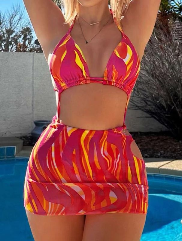 Women's Tie Dye Three Piece Bikini Set Sexy American Style Polyester Swimwear_ecoleips.com