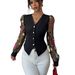 Elegant Rose Lace Sleeve Blazer For Women, V-Neck Long Sleeve Floral Print Mid-Length Office Blazer, Chic Trench Coat For Business Wear_ecoleips.com