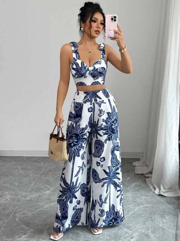 2026 Cross-Border European And American Women's Summer New Sexy V-Neck Camisole Top + Loose Waistband Wide-Leg Pants_ecoleips.com