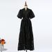 Women's Clothing Women's Heavy Duty V Neck Puff Sleeve Dress Lace Trimmed A Line Long Skirt With Tie Waist Slimming Effect 6 Colors_ecoleips.com