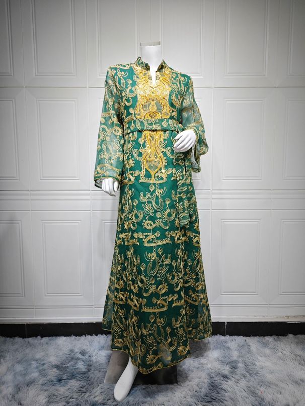 Elegant Saudi Jalabiya Dress – Long Sleeve Embroidered Abaya With Belt For Women (Dark Green, Black) – S-Xxl_ecoleips.com