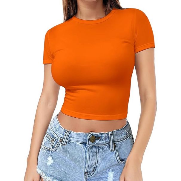 Women's Clothing Women's Round Neck Short Sleeve T-Shirt Style Fashionable Thin Pullover Top For Hot Summer Navel Baring Milk Silk Female Clothing_ecoleips.com