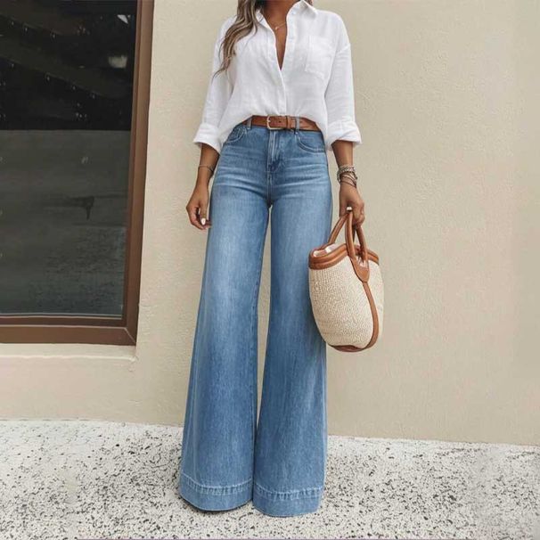 Vintage High-Waisted Wide-Leg Jeans For Women – Retro Stretch Denim Pants With Flowy Hem, Comfortable & Stylish (Light Blue Wash, Dark Blue, Blue)_ecoleips.com