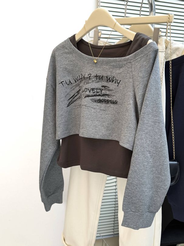 Elegant Off-shoulder Sweatshirt For Women, Early Autumn 2025, Plus Size, With A Camisole Layered Top Two-piece Set_ecoleips.com