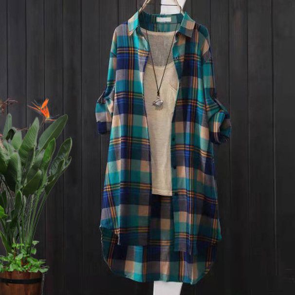 Women's Mid-Length Sun-Resistant Grid-Print Shirt With Loose-Fitting Long Sleeves For Spring/Summer, Large Size-Stylish_ecoleips.com