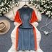 Women's Clothing Fashion Contrast Color Stitching Polo Collar Short Sleeve Denim Slim Mid Length Skirt_ecoleips.com