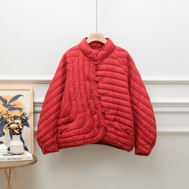 Women's Lightweight Down Jacket With Ethnic Knot Buttons, Loose Fit Short Coat, 90% White Duck Down, Autumn Winter Fashion_ecoleips.com